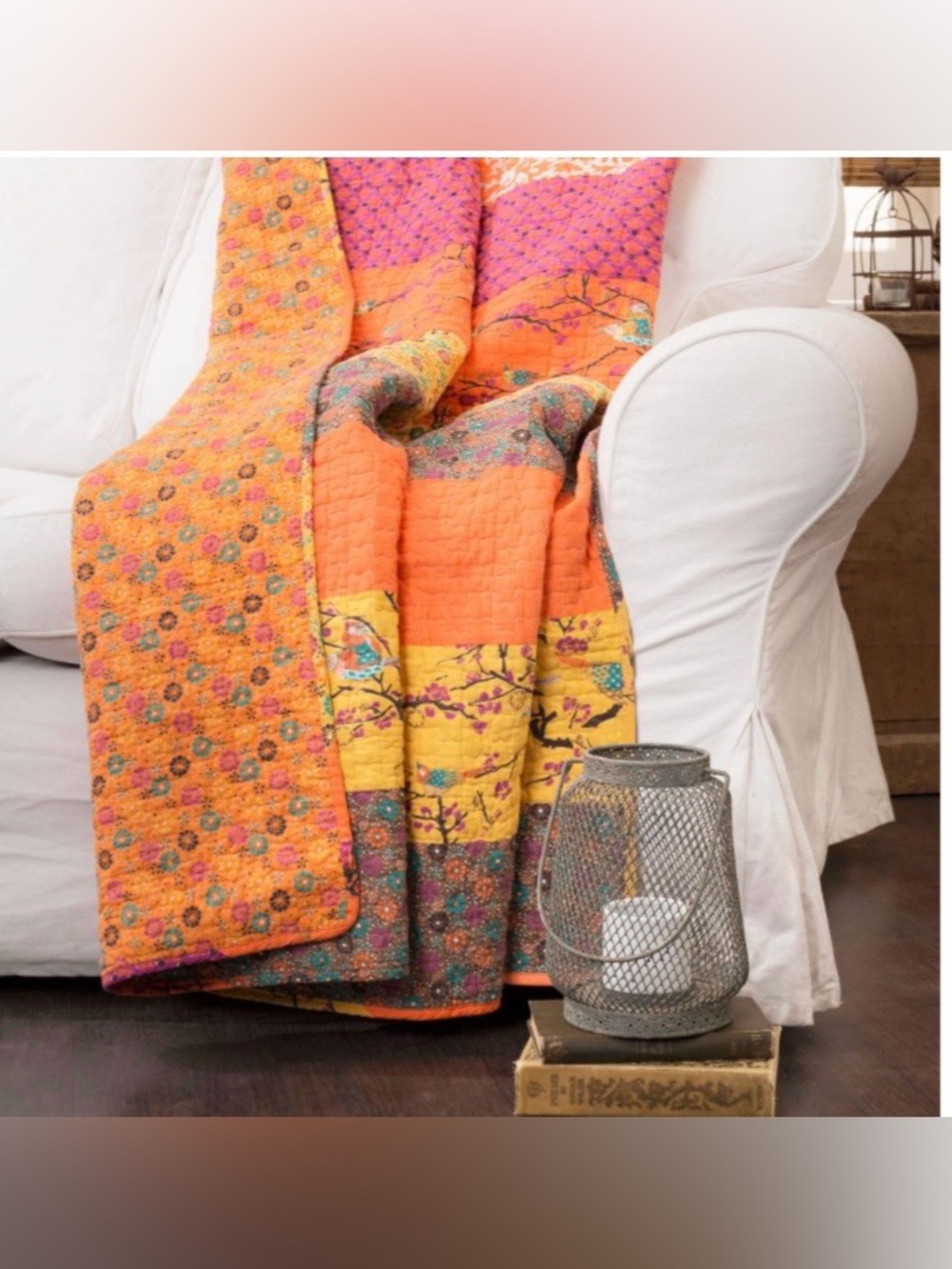 Colorful Boho Floral Throw Blanket 100% Cotton - TANGERINE